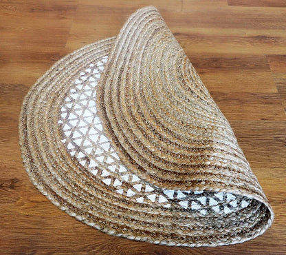 The Home Talk Natural Handcrafted Braided Round Jute Rug 80 cm Traditional Carpet Beige & White