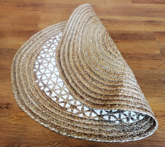 The Home Talk Natural Handcrafted Braided Round Jute Rug 80 cm Traditional Carpet Beige & White