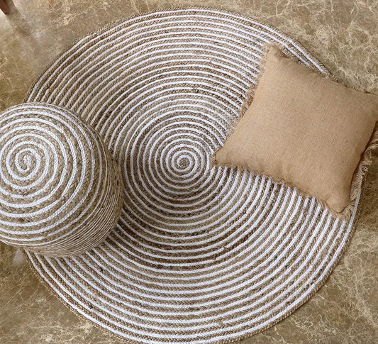 The Home Talk Natural Handcrafted Braided Round Jute Rug 120 cm White