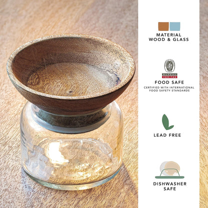 Ellementry Twain Glass Jar with Wooden Bowl | 200ml | Transparent | BPA-Free | Spice Storage