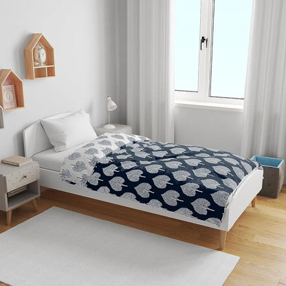 Divine Casa 120 GSM Microfiber Single Kids Dohar Soft & Lightweight Throw Blanket Tree Motif Pattern Colour Navy Blue & White