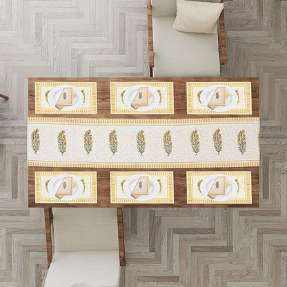 Blocks Of India Hand Block Printed Cotton Table Runner Mat And Napkin Yellow Buta Large