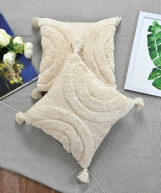 Homadorn Luxury Cotton Handmade Decorative Boho Throw Tufted Pillow Covers Off White