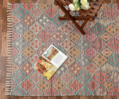 Homadorn Handmade Sustainable Printed Modern Dhurrie/Rugs/Carpet Colour Multicolour