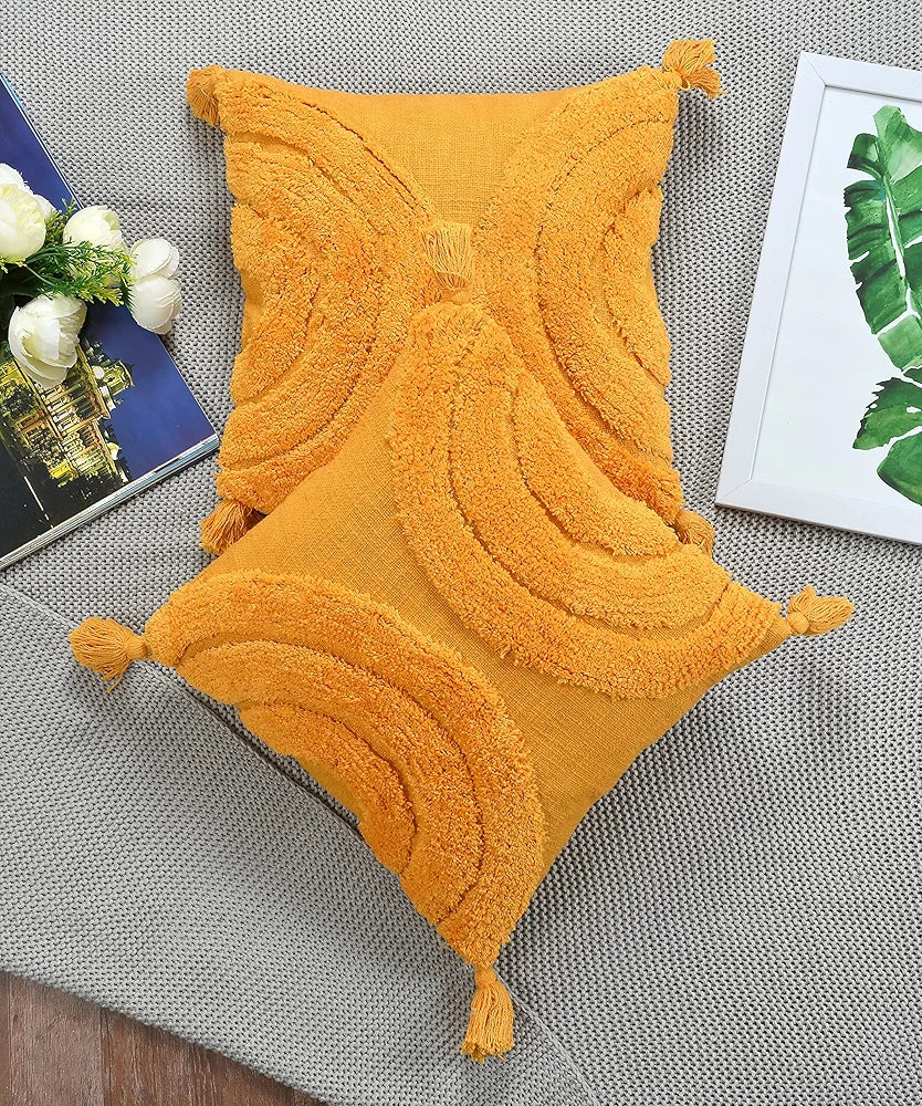 Homadorn Luxury Cotton Handmade Decorative Boho Throw Tufted Pillow Covers Mustard
