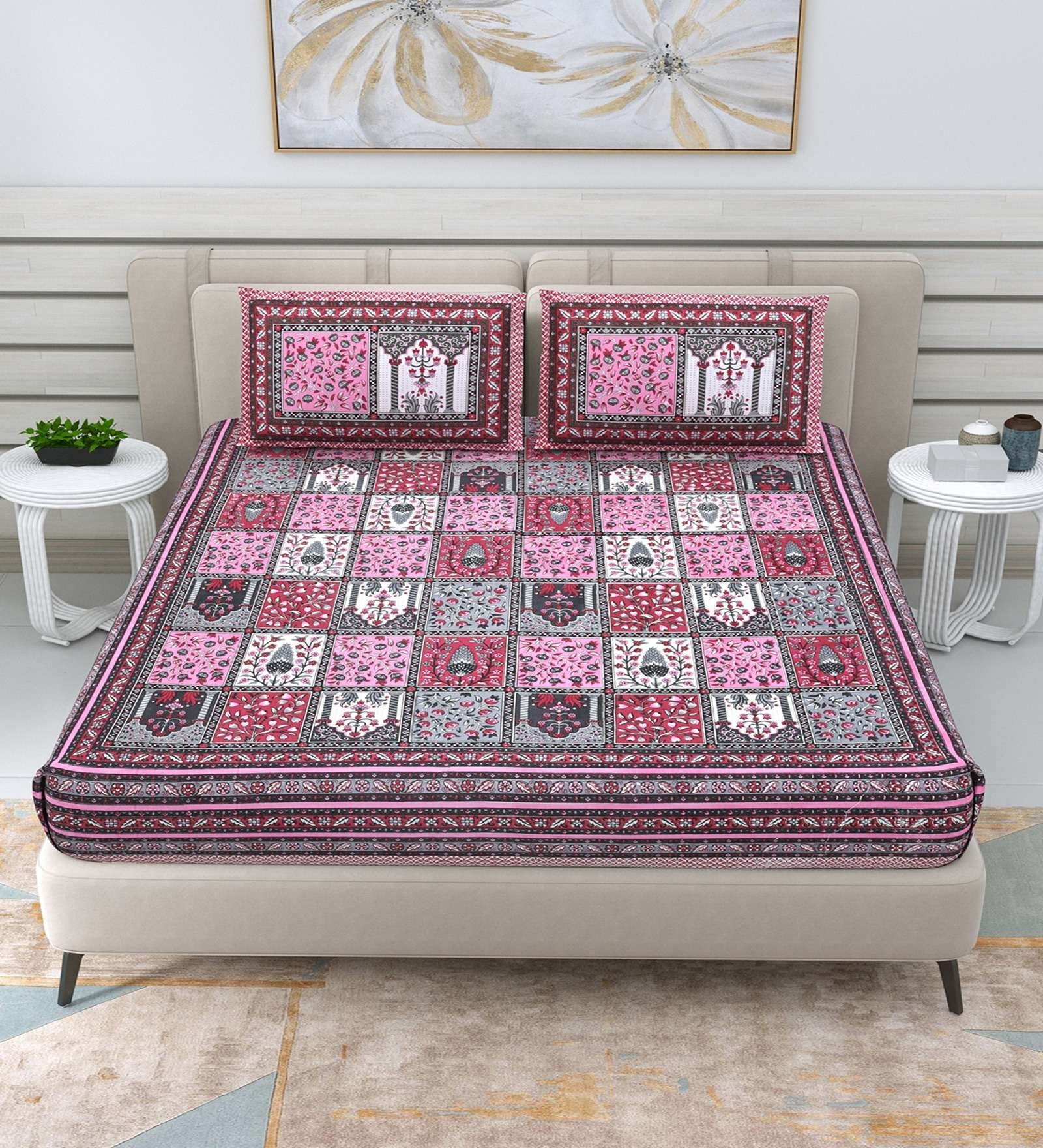 100% Pure Cotton Traditional Printed Bedsheet for Double Bed King Size Bedsheet with 2 Pillow Covers