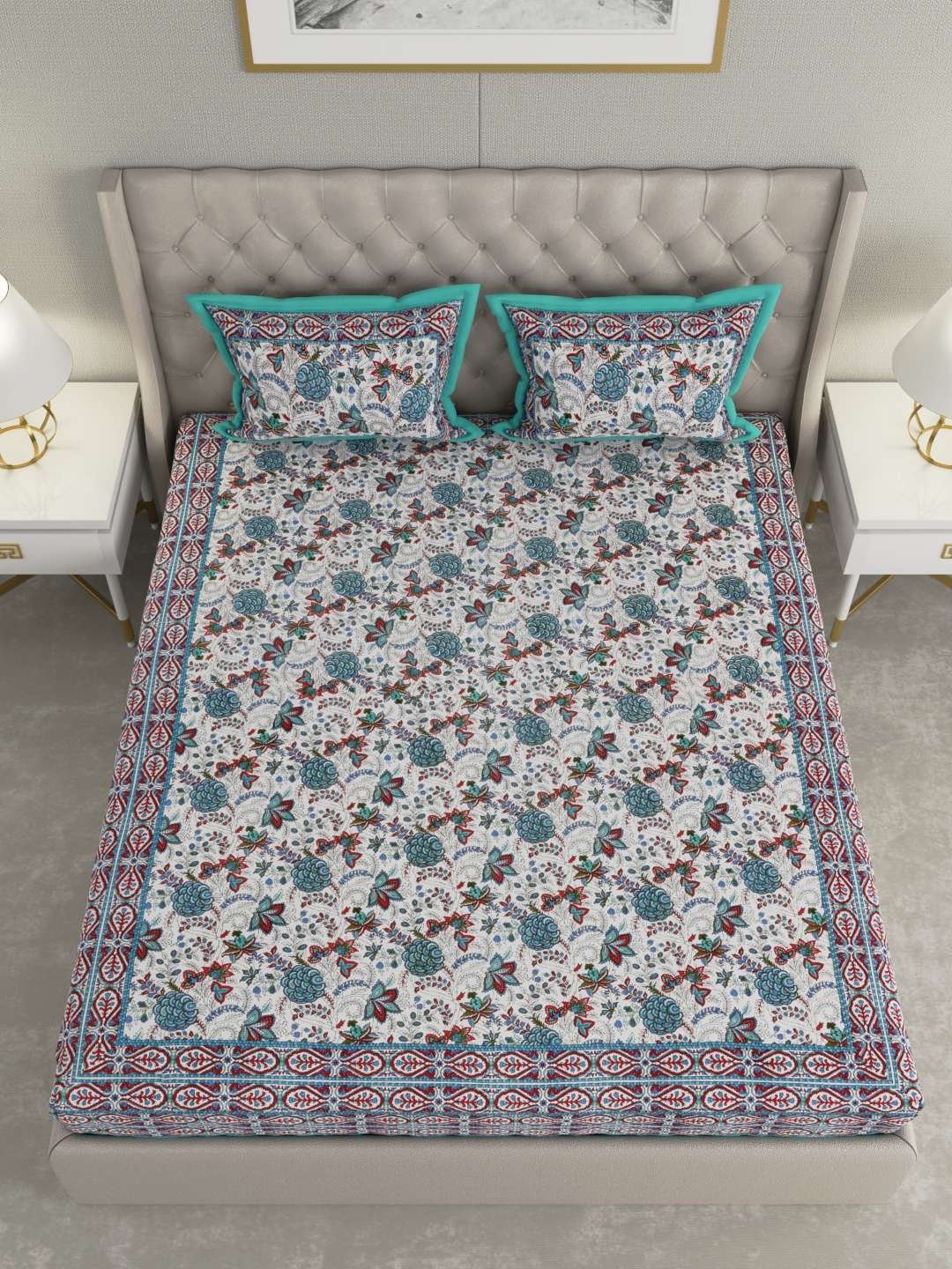 100% Pure Cotton Traditional Printed Bedsheet for Double Bed King Size Bedsheet with 2 Pillow Covers
