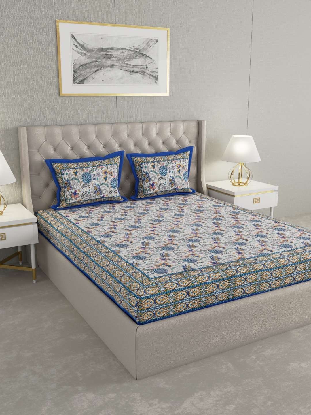 100% Pure Cotton Traditional Printed Bedsheet for Double Bed King Size Bedsheet with 2 Pillow Covers