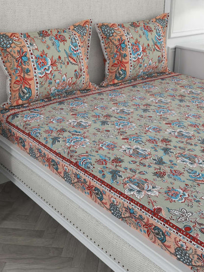 100% Pure Cotton Traditional Printed Bedsheet for Double Bed King Size Bedsheet with 2 Pillow Covers