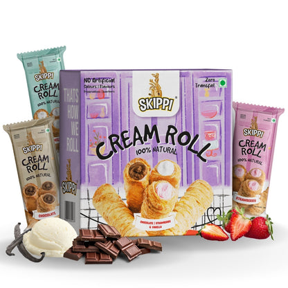 Cream Rolls Skippi Pack of 2,delightful assorted box of 6 rolls(180gm) 2 Vanilla,2 Chocolate & 2 Strawberry Flavor.