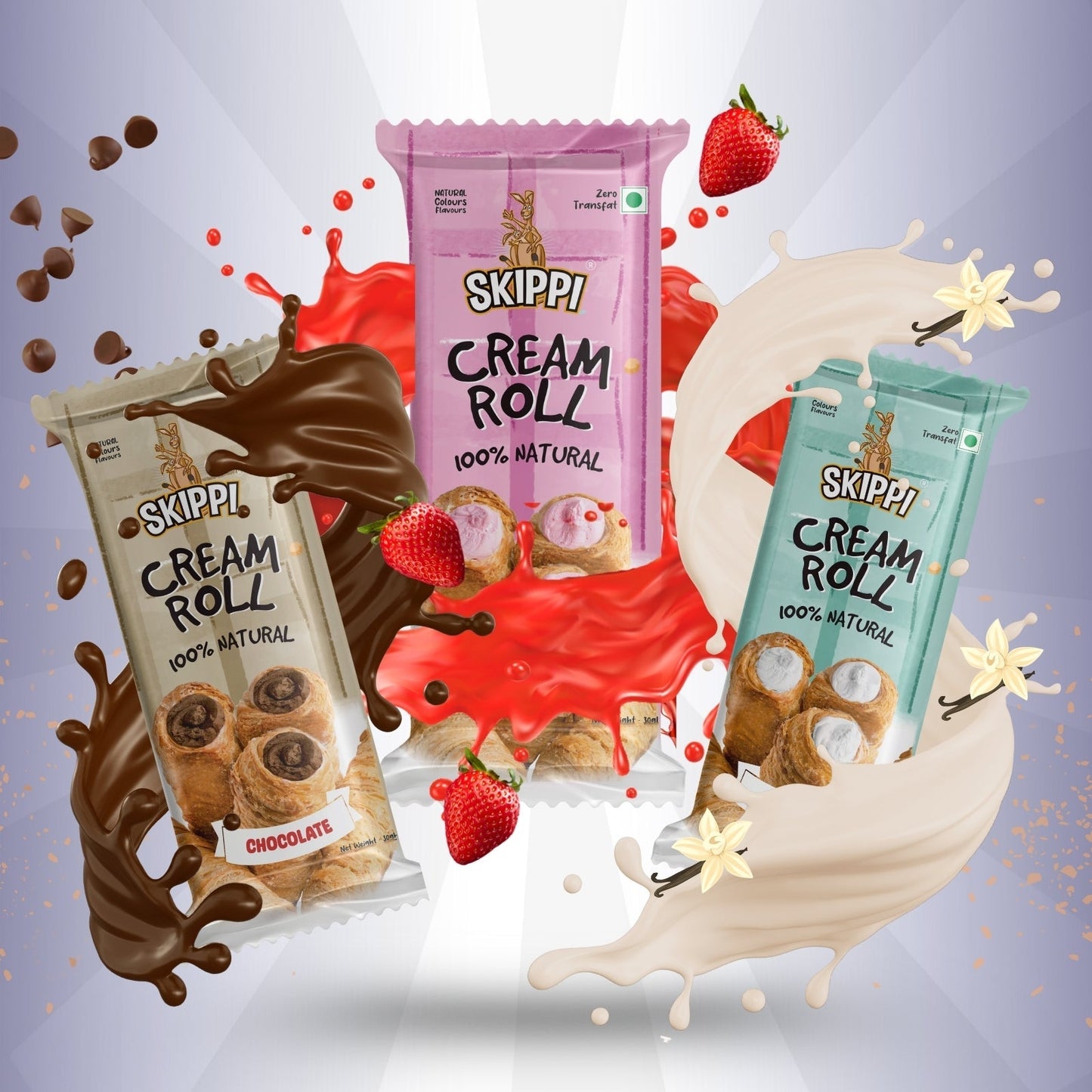 Cream Rolls Skippi Pack of 2,delightful assorted box of 6 rolls(180gm) 2 Vanilla,2 Chocolate & 2 Strawberry Flavor.
