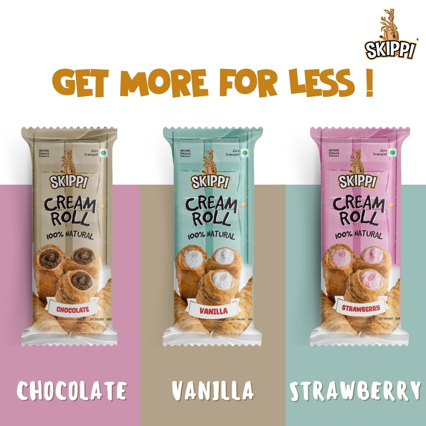 Cream Rolls Skippi Pack of 2,delightful assorted box of 6 rolls(180gm) 2 Vanilla,2 Chocolate & 2 Strawberry Flavor.