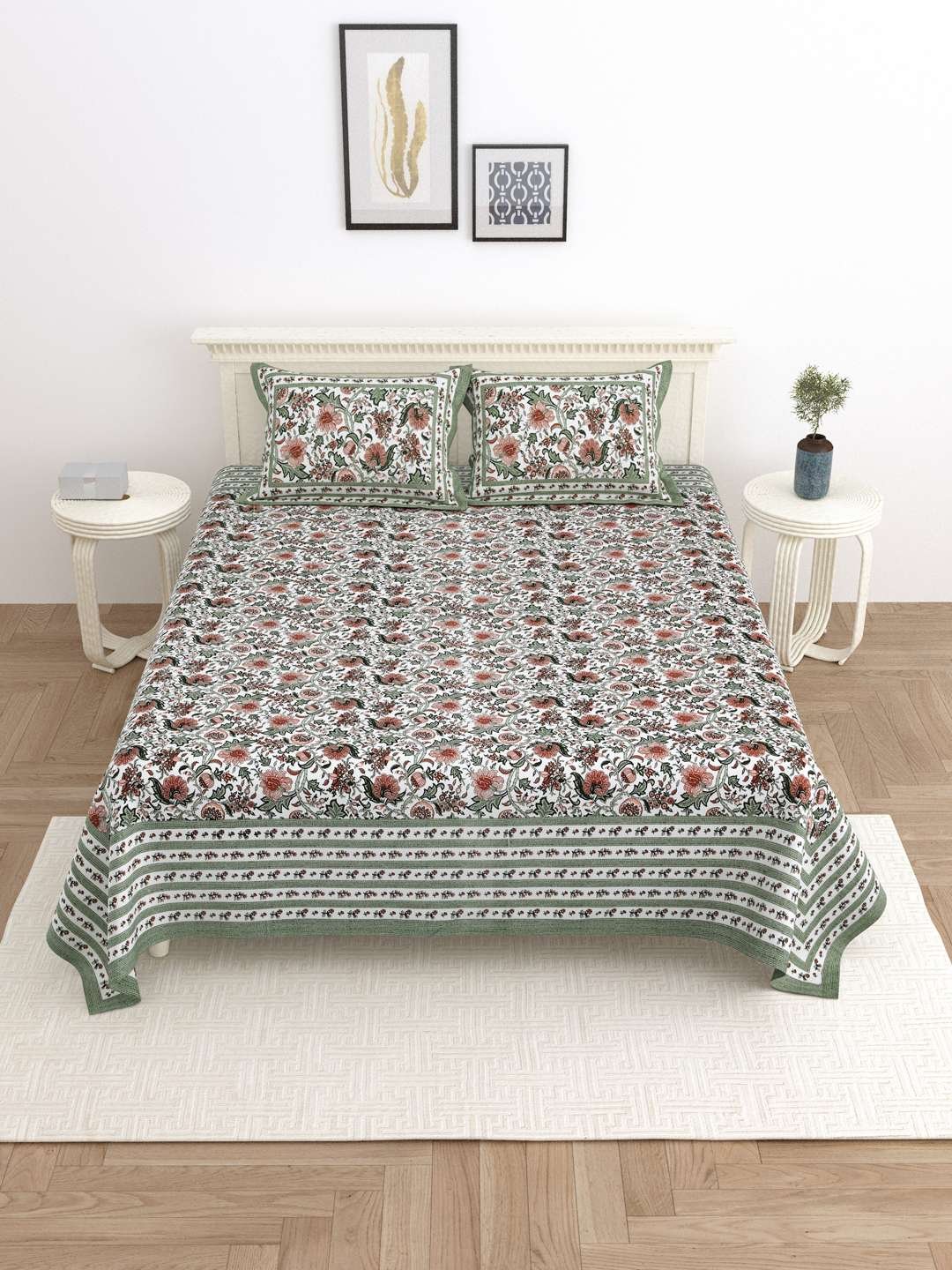 100% Pure Cotton Traditional Printed Bedsheet for Double Bed King Size Bedsheet with 2 Pillow Covers