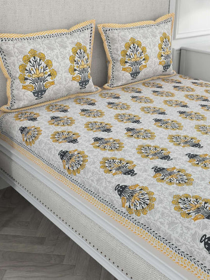 100% Pure Cotton Traditional Printed Bedsheet for Double Bed King Size Bedsheet with 2 Pillow Covers