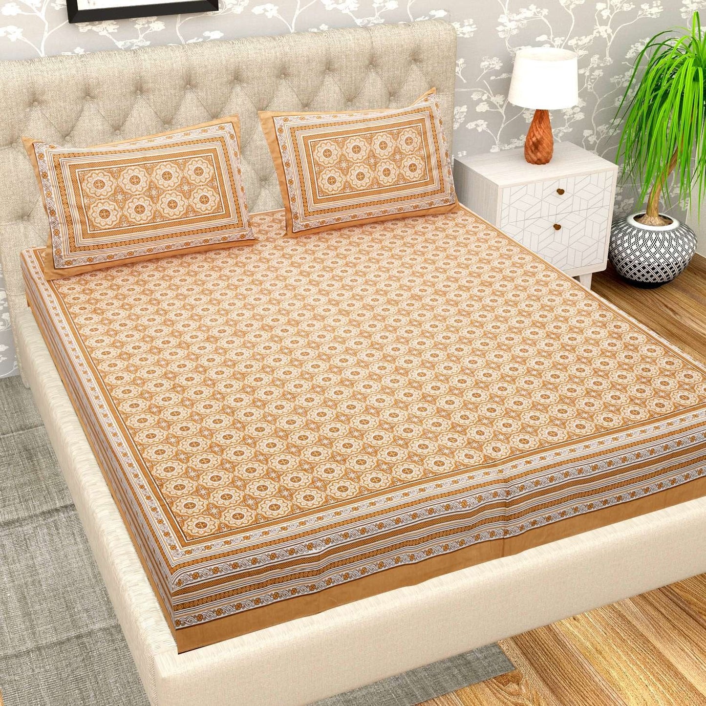 100% Pure Cotton Traditional Printed Bedsheet for Double Bed King Size Bedsheet with 2 Pillow Covers