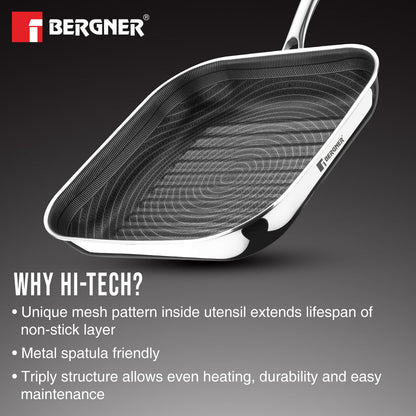 Bergner Hi-Tech Giro Tri-Ply Stainless Steel Non-Stick 24cm Grill Pan (BG-33964-MM)
