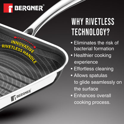 Bergner Hi-Tech Giro Tri-Ply Stainless Steel Non-Stick 24cm Grill Pan (BG-33964-MM)