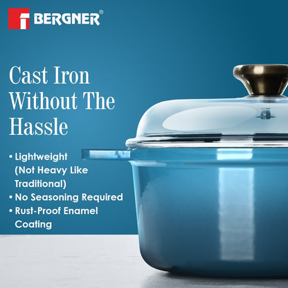 Bergner Excalibur Light Cast Iron 24cm 4L Casserole with Lid Induction Bottom Blue (BG-34469-BL)