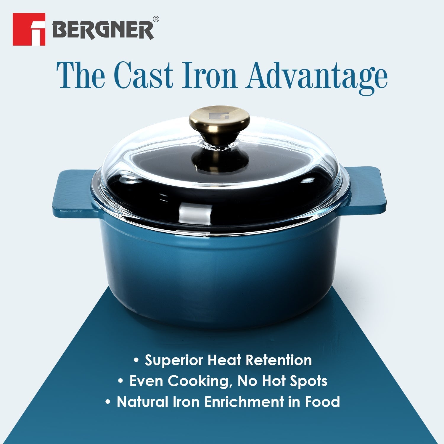 Bergner Excalibur Light Cast Iron 24cm 4L Casserole with Lid Induction Bottom Blue (BG-34469-BL)