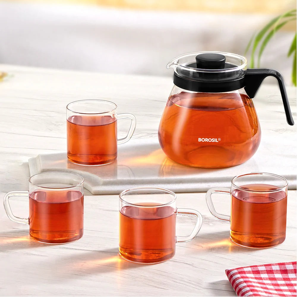 Borosil Prime Tea Set 1L Teapot + 190ml×4 Cups