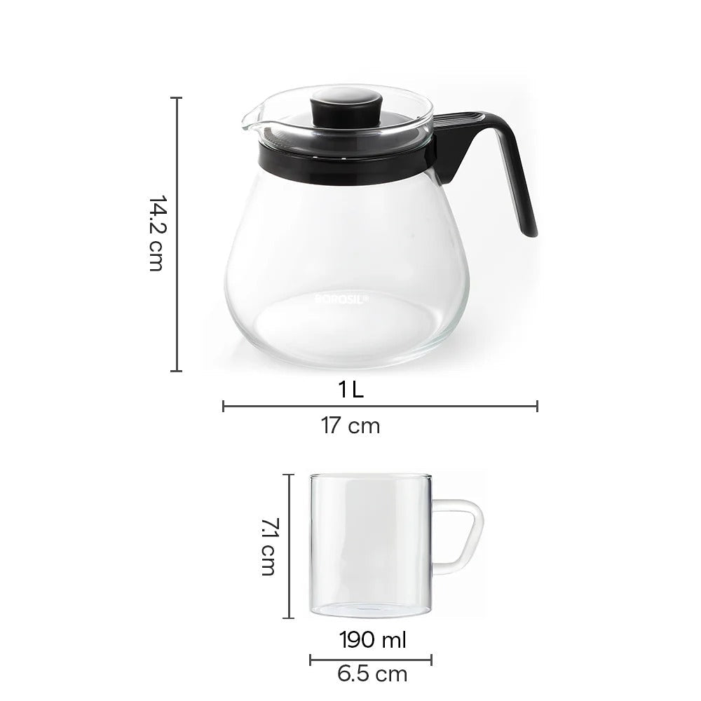 Borosil Prime Tea Set 1L Teapot + 190ml×6 Cups