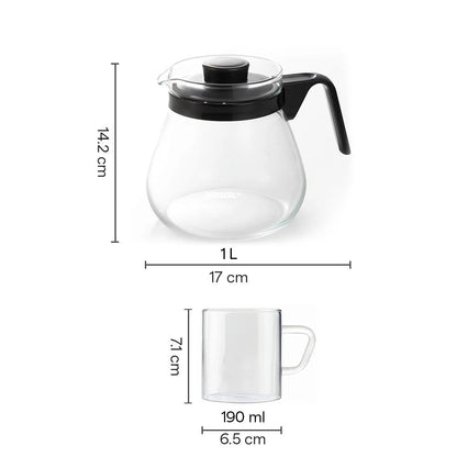 Borosil Prime Tea Set 1L Teapot + 190ml×4 Cups