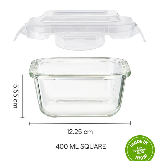 Borosil Klip N Store Square Glass Container 400ml