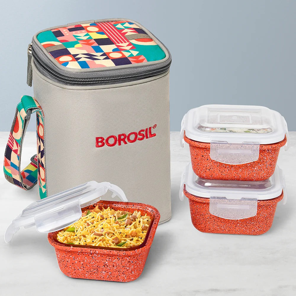 Borosil Kube Glass Lunch Box Square Set of 3 Tall