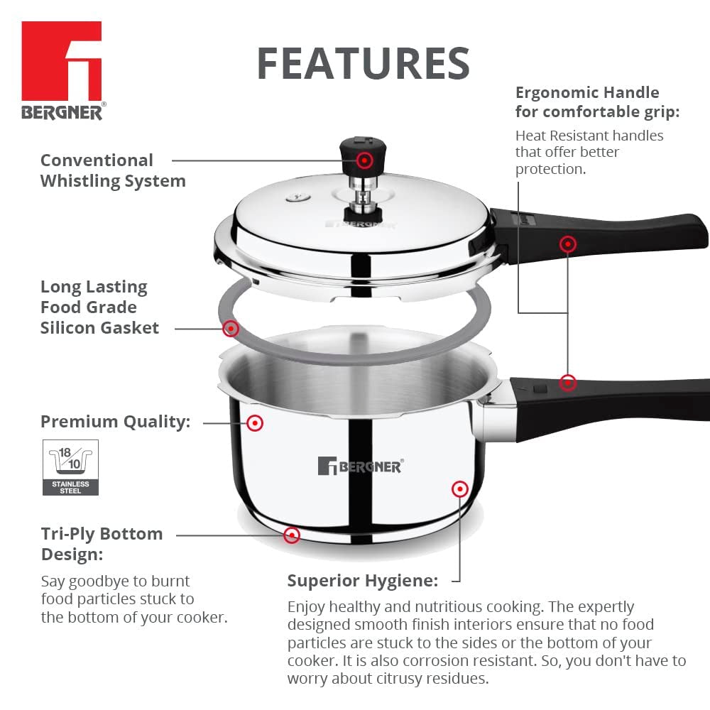 Bergner Sorento Stainless Steel Inner Lid Pressure Cooker 5L (BGIN-1852)
