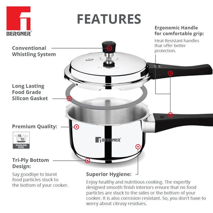 Bergner Sorento Stainless Steel Inner Lid Pressure Cooker 5L (BGIN-1852)