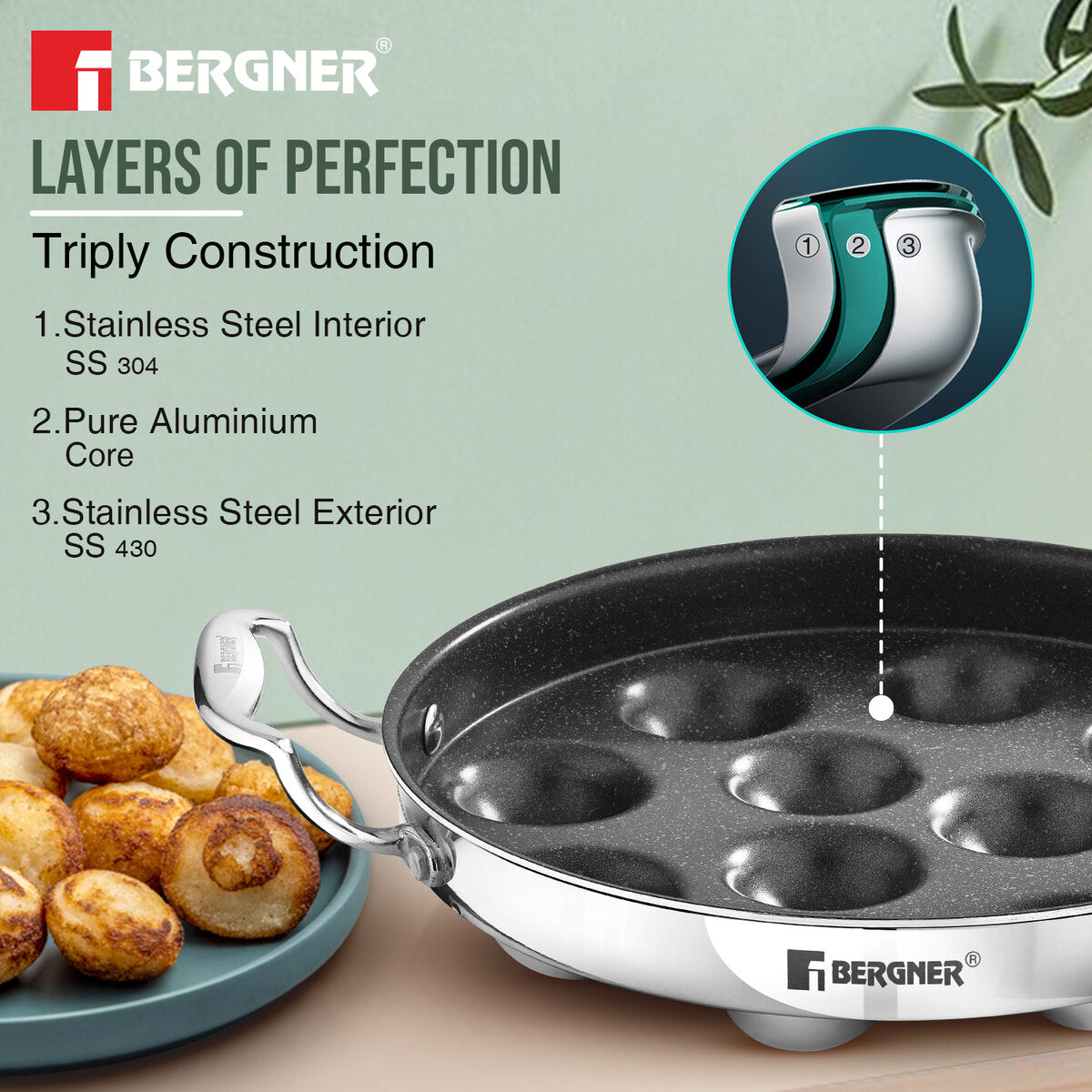 Bergner Argent Samsara Tri-Ply 11 Pits Paniyarakkal Induction Bottom (BGIN-6572)
