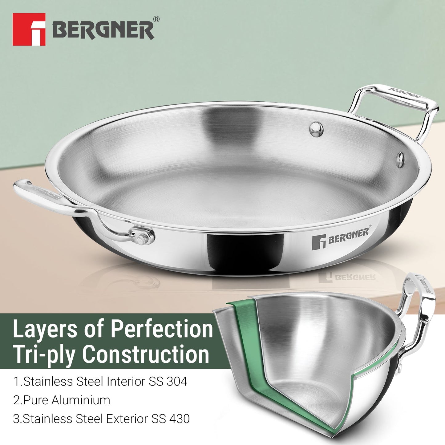 Bergner Argent Samsara Tri-Ply 28cm 3L Jalebi Pan Induction Bottom (BGIN-6608)
