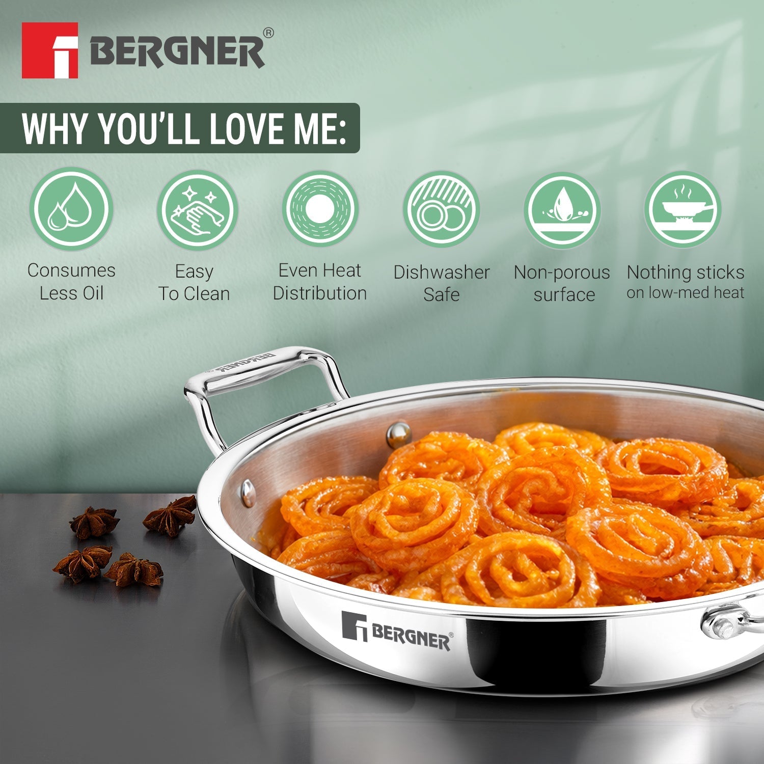 Bergner Argent Samsara Tri-Ply 28cm 3L Jalebi Pan Induction Bottom (BGIN-6608)