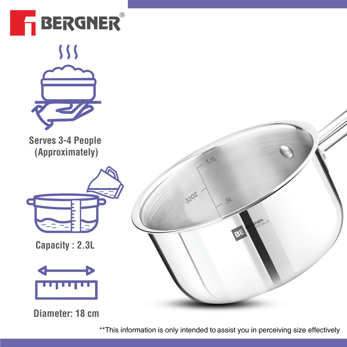 Bergner BE Essentials Tri-Ply 18cm 2L Tea Pan Induction Bottom (BGIN-7319)