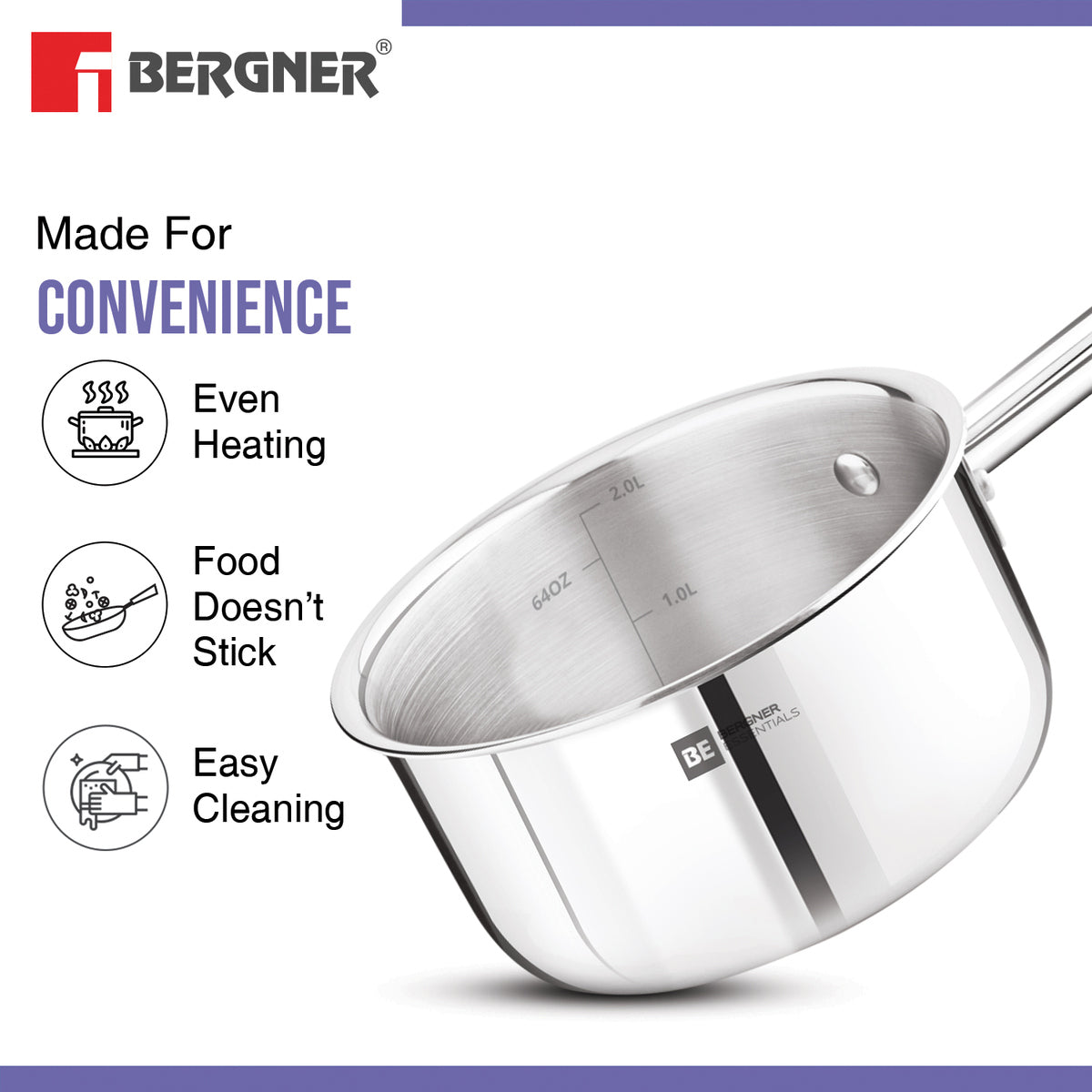 Bergner BE Essentials Tri-Ply 18cm 2L Tea Pan Induction Bottom (BGIN-7319)