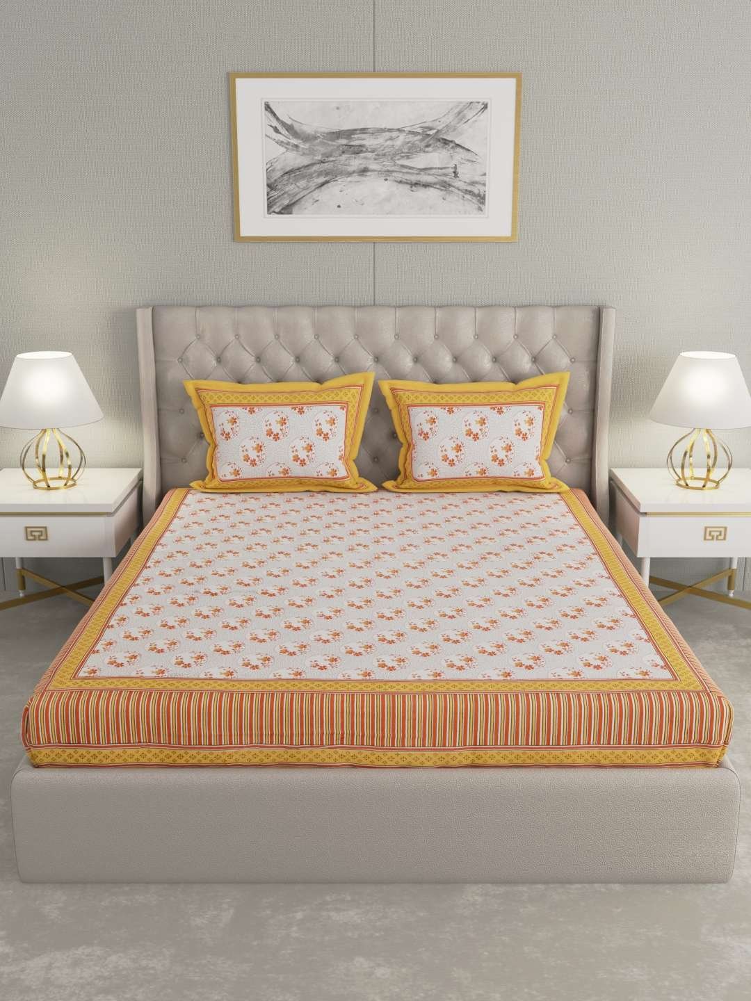 100% Pure Cotton Traditional Printed Bedsheet for Double Bed King Size Bedsheet with 2 Pillow Covers