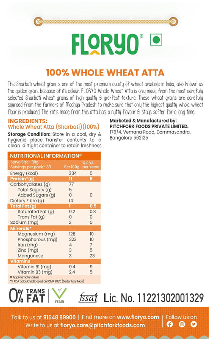 Floryo 100% Whole Wheat Atta (MP Sharbati)