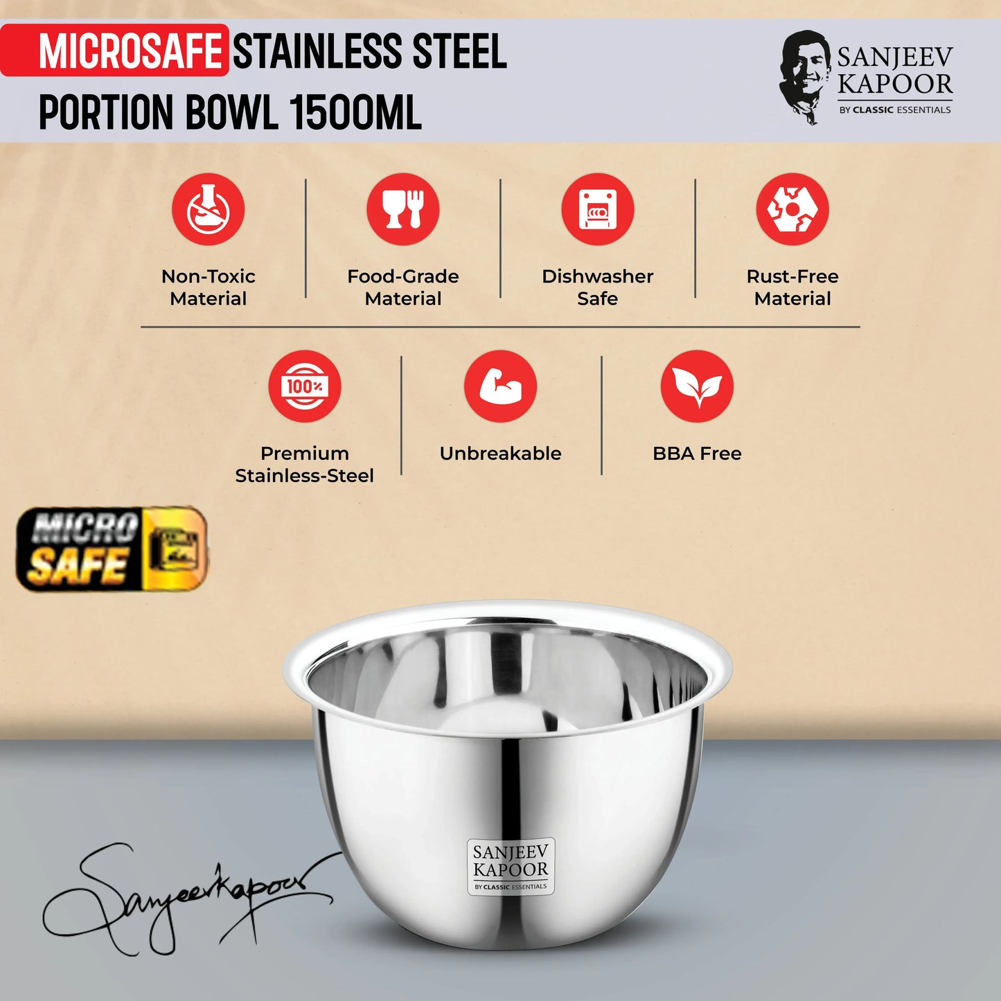 Classic Essentials MICROSAFE Stainless Steel Portion Bowl 1500ml