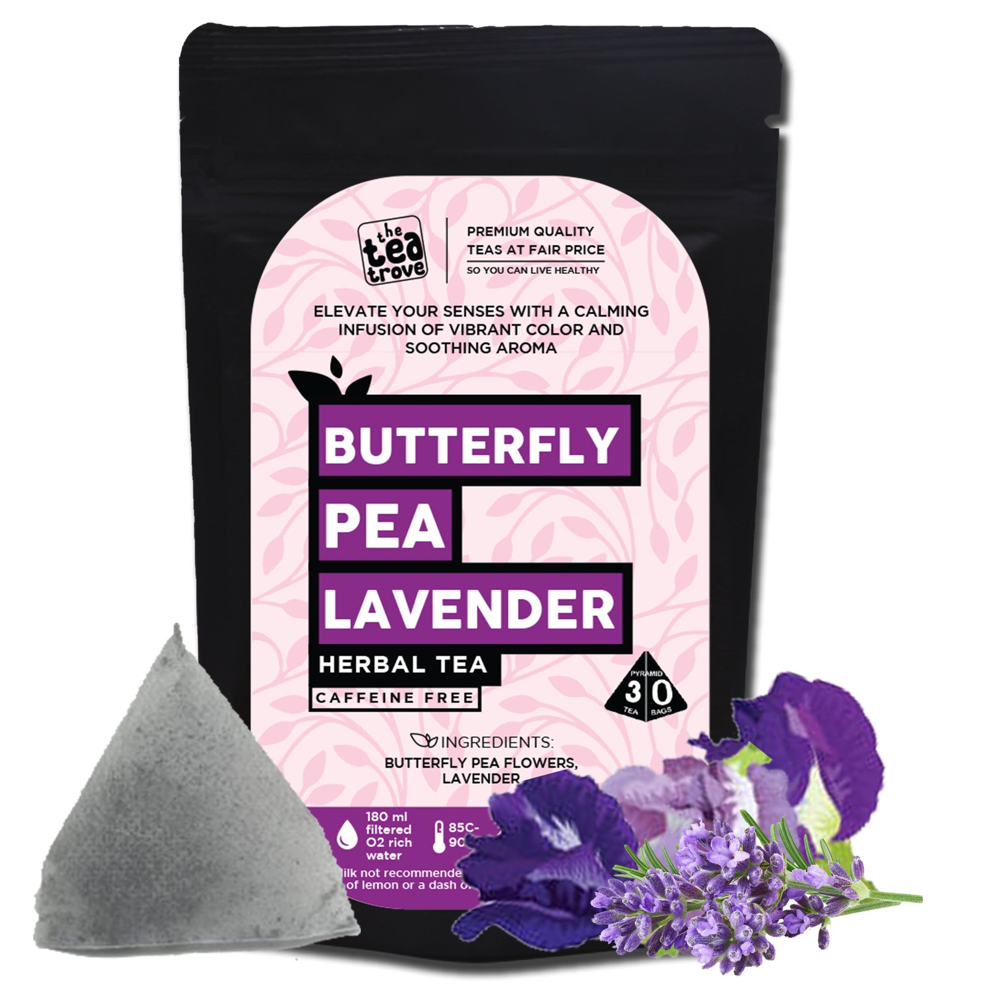 FVTB Blue Butterfly Pea Flower Lavender Tea Bags - 30 Eco-Friendly Lavender Tea for Sleep in Resealable pouch - Caffeine Free Blue Pea Flower for Iced Teas, Coolers, Cocktails | Pack of 1