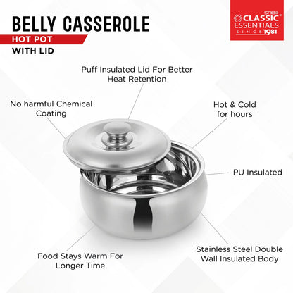 Classic Essentials Belly Stainless Steel Tripot Hot-Pot Thermoware Casserole 1500ml