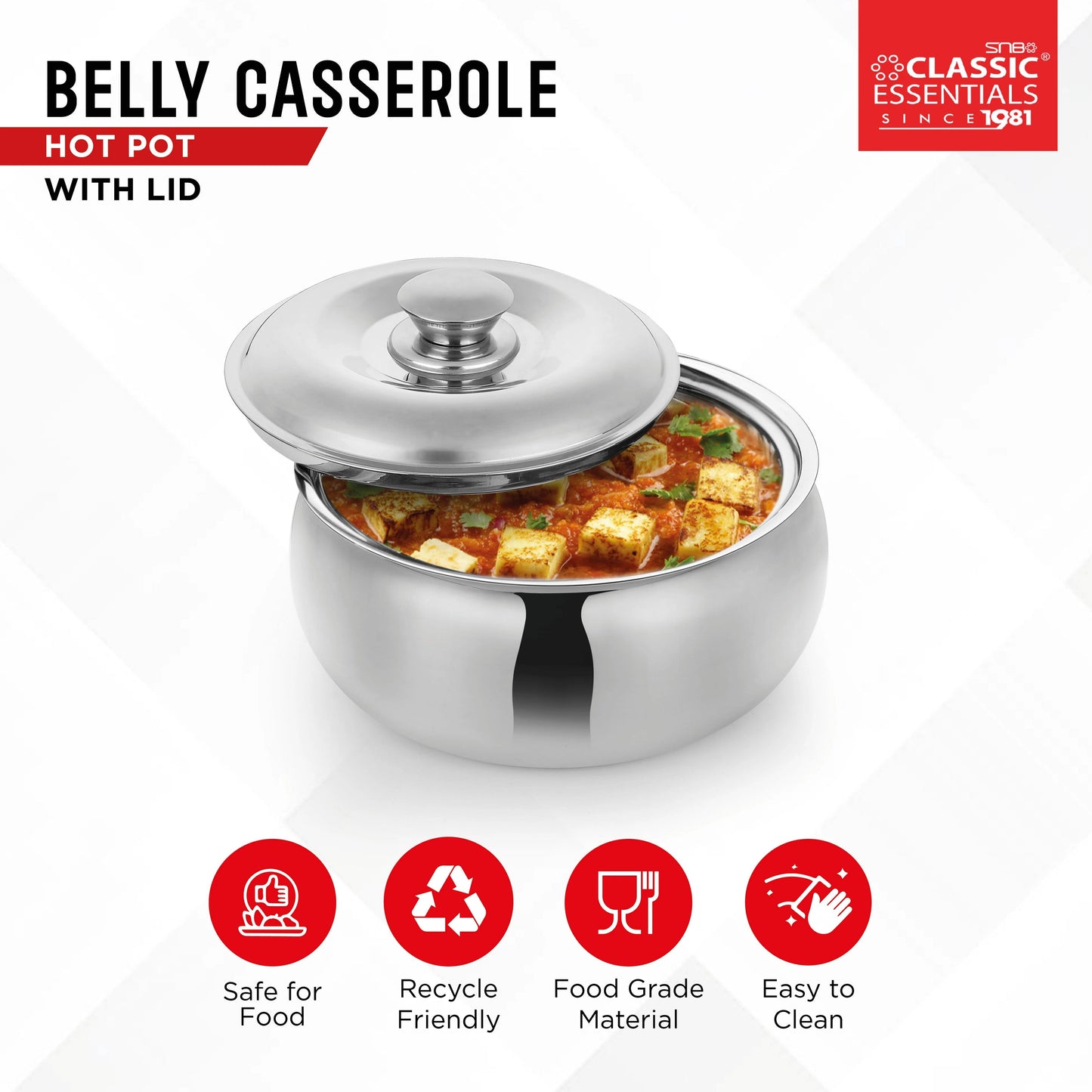 Classic Essentials Belly Stainless Steel Tripot Hot-Pot Thermoware Casserole 3000ml