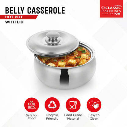 Classic Essentials Belly Stainless Steel Tripot Hot-Pot Thermoware Casserole 3000ml
