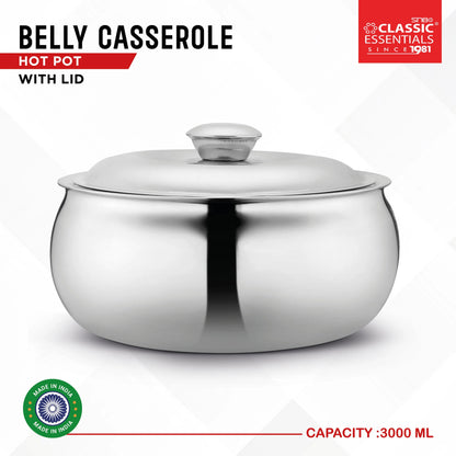 Classic Essentials Belly Stainless Steel Tripot Hot-Pot Thermoware Casserole 3000ml