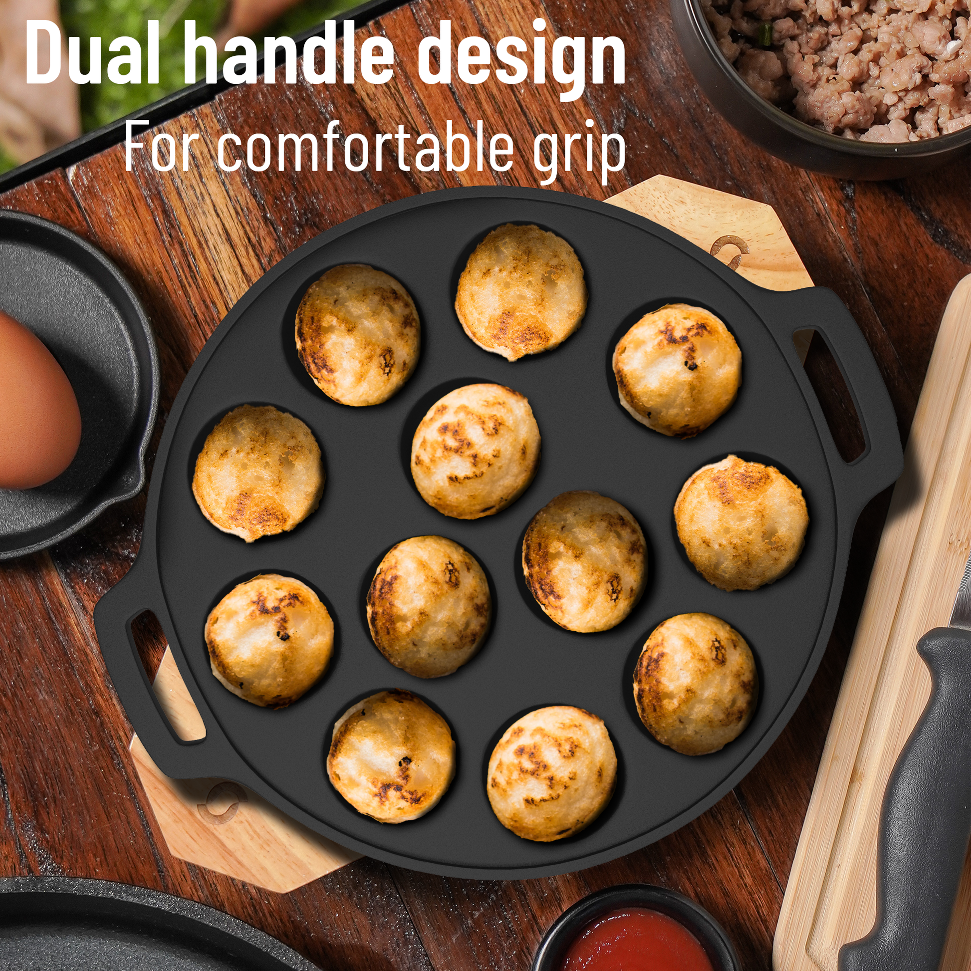 Esspy 12 Pit Pre-Seasoned Cast Iron Paniyaram Pan With Silicon Handle & Glass Lid| Non-stick | Induction Friendly | Appe/Paddu Pan | 100% Pure & Toxin-Free | Gunta Ponganalu/Paddu | Cast Iron Cookware