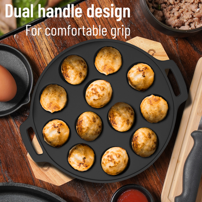 Esspy 12 Pit Pre-Seasoned Cast Iron Paniyaram Pan With Silicon Handle & Glass Lid| Non-stick | Induction Friendly | Appe/Paddu Pan | 100% Pure & Toxin-Free | Gunta Ponganalu/Paddu | Cast Iron Cookware