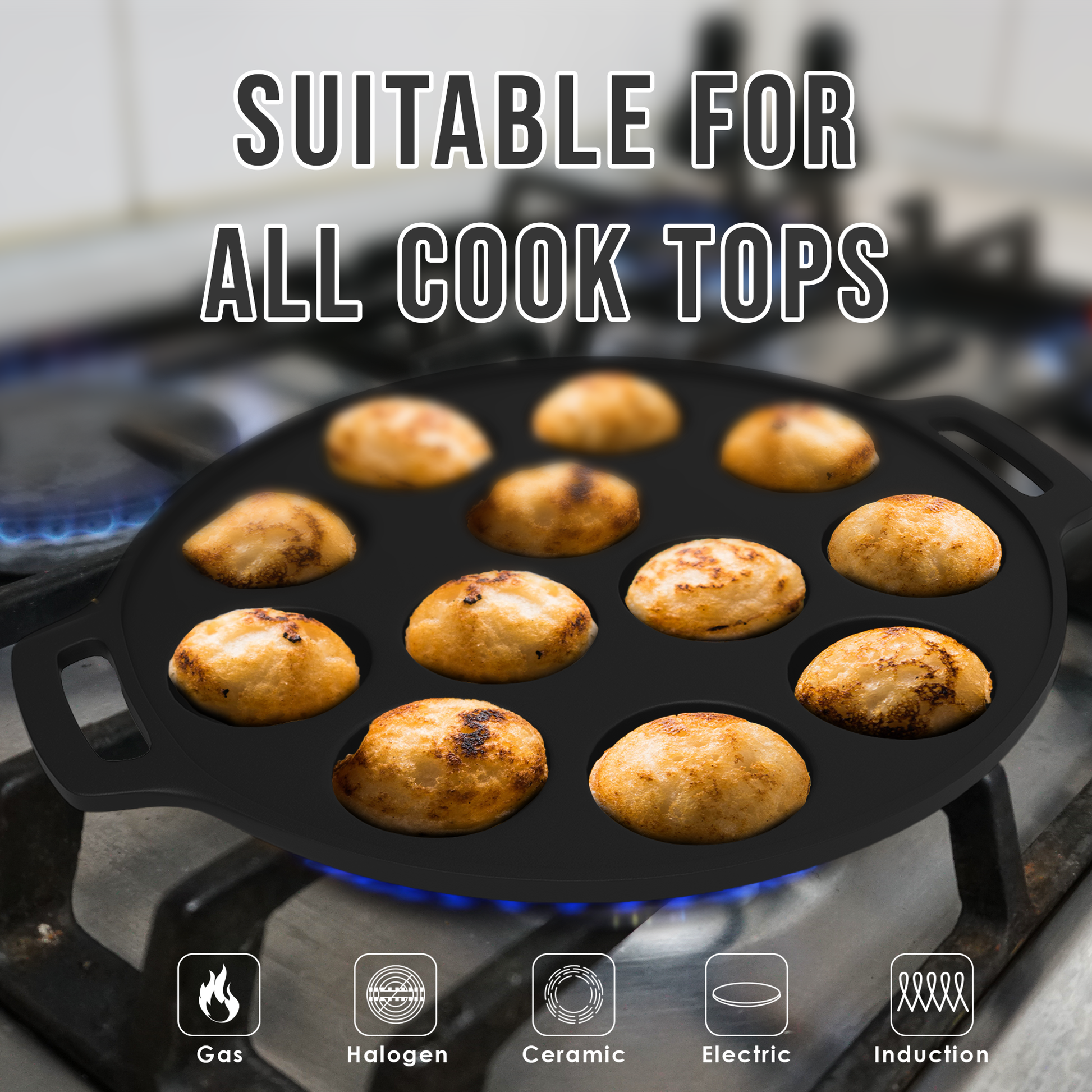 Esspy 12 Pit Pre-Seasoned Cast Iron Paniyaram Pan With Silicon Handle & Glass Lid| Non-stick | Induction Friendly | Appe/Paddu Pan | 100% Pure & Toxin-Free | Gunta Ponganalu/Paddu | Cast Iron Cookware