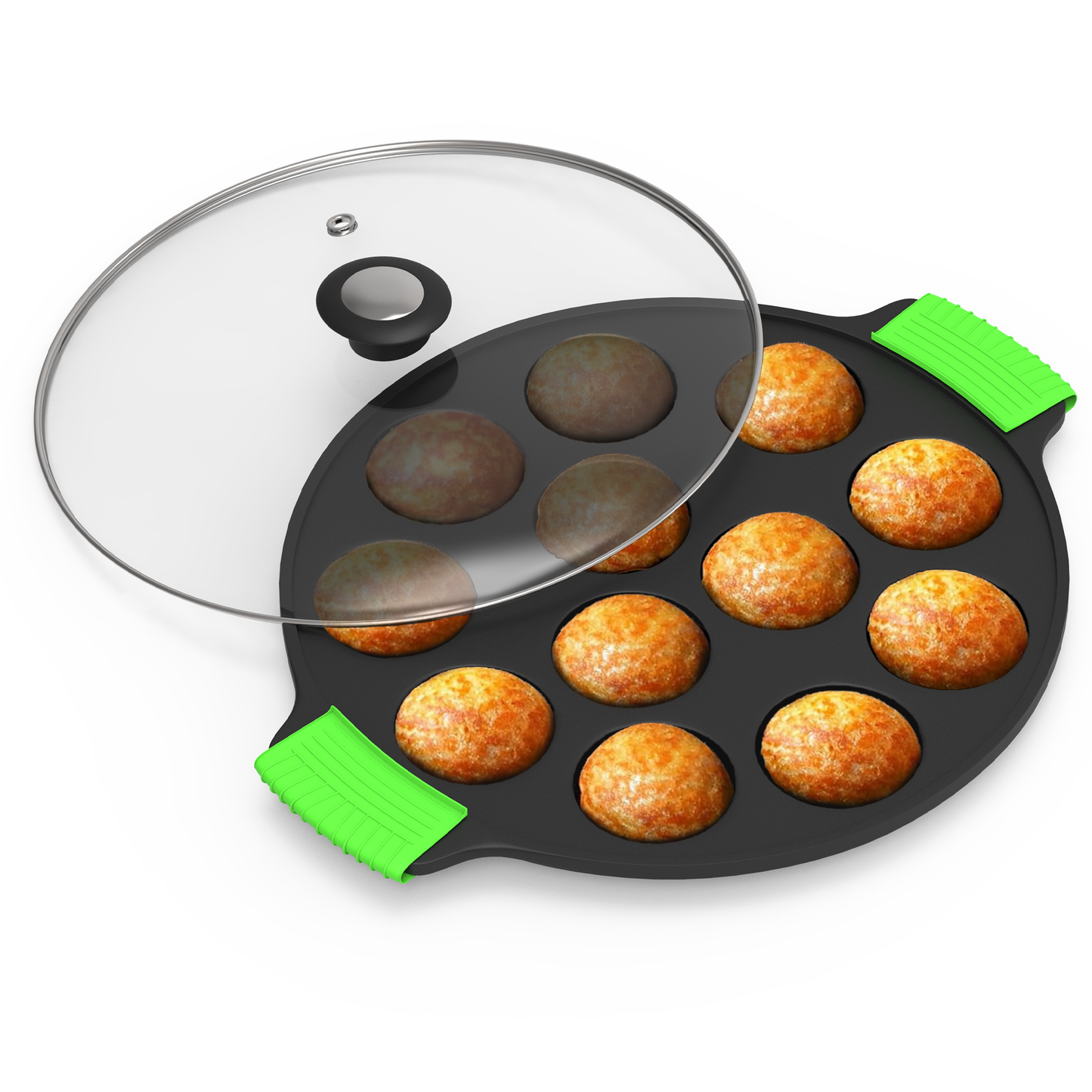 Esspy 12 Pit Pre-Seasoned Cast Iron Paniyaram Pan With Silicon Handle & Glass Lid| Non-stick | Induction Friendly | Appe/Paddu Pan | 100% Pure & Toxin-Free | Gunta Ponganalu/Paddu | Cast Iron Cookware