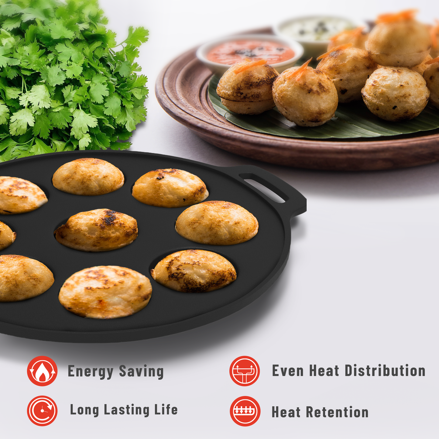 Esspy 9 Pit Pre-Seasoned Cast Iron Paniyaram Pan With Silicon Handle & Glass Lid| Non-stick | Induction Friendly | Appe/Paddu Pan | 100% Pure & Toxin-Free | Gunta Ponganalu/Paddu | Cast Iron Cookware