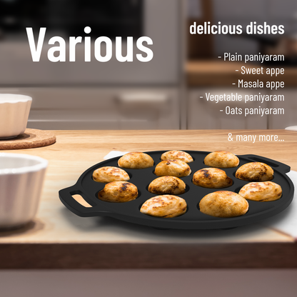 Esspy 12 Pit Pre-Seasoned Cast Iron Paniyaram Pan With Silicon Handle & Glass Lid| Non-stick | Induction Friendly | Appe/Paddu Pan | 100% Pure & Toxin-Free | Gunta Ponganalu/Paddu | Cast Iron Cookware