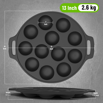 Esspy 12 Pit Pre-Seasoned Cast Iron Paniyaram Pan With Silicon Handle & Glass Lid| Non-stick | Induction Friendly | Appe/Paddu Pan | 100% Pure & Toxin-Free | Gunta Ponganalu/Paddu | Cast Iron Cookware